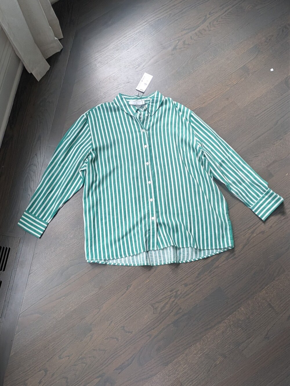 PRIMARK Womens Green White Striped Button Down Shirt Linen Blend Size XL
